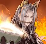  1boy animal_ear_fluff animal_ears bowl chopsticks chopsticks_in_mouth commentary_request donbei_kitsune_udon fiery_background final_fantasy final_fantasy_vii final_fantasy_vii_remake fire fox_ears green_eyes highres holding holding_bowl kitsune_udon long_hair looking_at_viewer male_focus nissin_donbei sephiroth signature smile steam steaming_food suzuki_rika very_long_hair white_hair 