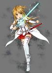  asuna_(sao) bare_shoulders blush breastplate brown_eyes brown_hair detached_sleeves holding long_hair scabbard sheath skirt solo sword sword_art_online thighhighs unasaka_ryou weapon white_legwear 