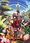  1girl b.c.n.y. big_eyes black_hair bunny dress hair_ornament highres indian_style lake long_hair looking_at_viewer minidress original rainbow red_hair short_dress sitting thighhighs totem_pole tree very_long_hair 