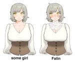  1girl blush breasts brown_hair cleavage closed_mouth co1fee dungeon_meshi falin_touden falin_touden_(tallman) highres large_breasts long_sleeves looking_at_viewer meme oh_it's_just_some_girl_(meme) short_hair simple_background smile solo white_background yellow_eyes 