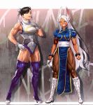 166_172 2girls animal_ears bare_shoulders black_hair blue_dress boku_no_hero_academia boots bracelet breasts brown_eyes bun_cover china_dress chinese_clothes chun-li chun-li_(cosplay) clenched_hands commentary_request cosplay costume_switch covered_abs covered_navel crescent_print dark-skinned_female dark_skin double_bun dress earrings fur_collar gloves grin hair_bun hand_on_own_chest hand_on_own_hip highleg highleg_leotard highres jewelry korean_commentary large_breasts leotard long_eyelashes long_hair mirko mirko_(cosplay) multiple_girls pantyhose parted_bangs parted_lips pelvic_curtain puffy_short_sleeves puffy_sleeves purple_thighhighs rabbit_ears rabbit_girl red_eyes sash short_hair short_sleeves sleeveless_turtleneck_leotard smile spiked_bracelet spikes street_fighter taut_leotard teeth thick_thighs thighhighs thighs toned_female very_long_hair white_footwear white_gloves white_hair white_leotard 