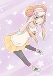  blue_eyes blush brown_hair double_bun long_hair mei_(pokemon) orange-eido pantyhose pokemon pokemon_(game) pokemon_bw2 raglan_sleeves salute skirt smile solo star twintails visor_cap 