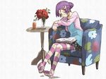  alternate_costume alternate_hairstyle bespectacled blue_eyes blush book casual chair crescent crescent_hair_ornament flower glasses hair_bun hair_ornament looking_at_viewer open_book patchouli_knowledge purple_hair rose shibasaki_shouji short_hair sitting solo striped striped_legwear thighhighs touhou vase white_background 