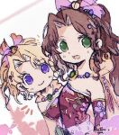  2girls aerith_gainsborough aerith_gainsborough_(terra&#039;s_garb) ankomochi_ff bare_shoulders blonde_hair breasts brown_hair cape chibi closed_mouth cosplay dress final_fantasy final_fantasy_vi final_fantasy_vii final_fantasy_vii_ever_crisis green_eyes hair_ornament hair_ribbon highres light_blush long_hair medium_breasts multiple_girls official_alternate_costume open_mouth orange_cape parted_bangs pink_ribbon ponytail purple_eyes red_dress ribbon sidelocks sketch smile strapless strapless_dress terra_branford terra_branford_(cosplay) tube_dress upper_body wavy_hair 