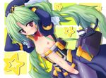  1girl animal black_legwear bodysuit breasts brynhild_schild cat female green_hair hat long_hair midriff nanao_yuki navel nipples owari_no_chronicle purple_eyes solo stars twintails uncensored vagina 