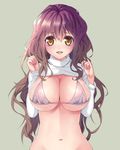  bad_id bad_pixiv_id bikini_top bottomless breasts brown_hair cleavage gradient_hair hijiri_byakuren huge_breasts long_hair looking_at_viewer multicolored_hair myg navel open_mouth out-of-frame_censoring purple_hair shiny shiny_skin shirt_lift simple_background skindentation smile solo touhou turtleneck yellow_eyes 
