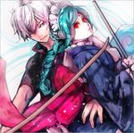  1girl bokken braid broom gintama green_hair ihiro japanese_clothes long_hair maid_headdress red_eyes robot_ears sakata_gintoki silver_hair single_braid sword tama_(gintama) weapon wooden_sword 