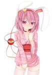  animal_ears bad_id bad_pixiv_id blush bracelet breasts bunny_ears chimunge choker cleavage collarbone fake_animal_ears floral_print hairband heart highres japanese_clothes jewelry kimono komeiji_satori long_sleeves looking_at_viewer medium_breasts obi pink_hair pink_kimono pink_legwear pink_skirt pout purple_eyes sash short_hair skirt solo thighhighs third_eye touhou wide_sleeves yukata zettai_ryouiki 