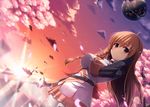  ahoge belt breasts cloud culture_japan holding koneko_(nonnkimono) large_breasts looking_at_viewer mirai_millennium orange_eyes orange_hair planet skirt sky smile solo suenaga_mirai sunlight sunset sword weapon 