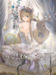  bare_shoulders bed blue_eyes brown_hair candle cover_image curtains dress elbow_gloves flower frog fuyuno_haruaki gloves hair_flower hair_ornament head_wreath high_heels key keychain long_hair looking_at_viewer original pillow plant shoes sitting solo thighhighs vines wariza white_legwear 