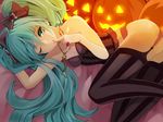  aqua_eyes aqua_hair bow cross cross_necklace finger_to_mouth garter_straps hair_bow hatsune_miku highres jack-o'-lantern jewelry lingerie long_hair lying necklace on_side one_eye_closed ring rosary settyaro solo striped striped_legwear thighhighs twintails underwear vertical-striped_legwear vertical_stripes very_long_hair vocaloid 