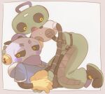  2boys :o averting_eyes backwards_hat baseball_cap belt black_belt black_footwear blue_jacket blush boots border brown_border cap'n_(deltarune) cd_player closed_mouth colored_shoe_soles commentary_request deltarune gloves green_gloves green_pants grey_background hand_on_another's_head hat hood hood_down hooded_jacket humanoid_robot implied_yaoi jacket k_k_(deltarune) looking_to_the_side male_focus mechanical_arms multiple_boys musical_staff_print ningzzz object_head open_mouth pants puffy_pants purple_bandana purple_hat robot short_sleeves simple_background staff_(music) stuck_in_a_box tongue yellow_eyes yellow_gloves 