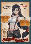  1girl alcohol beer beer_mug black_hair black_skirt breasts brown_eyes crop_top cup elbow_pads english_text final_fantasy final_fantasy_vii fingerless_gloves gloves highres kumanz large_breasts long_hair looking_at_viewer low-tied_long_hair mug navel sabotender skirt smile solo stomach suspender_skirt suspenders tank_top teardrop_earrings tifa_lockhart toned toned_female very_long_hair white_tank_top 