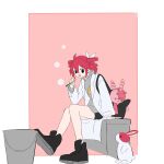  1girl a0ja9k ahoge alternate_eye_color arm_rest backpack bag black_bag black_eyes black_footwear black_shorts bow bubble bucket coat double-parted_bangs drill_hair flat_chest full_body hair_between_eyes hair_bow highres hood hooded_sweater kasane_teto kasane_teto_(sv) on_wall open_clothes open_coat pink_background rabbit red_hair saiensu_(synthesizer_v) shoes shorts sitting stuffed_animal stuffed_toy sweater synthesizer_v twin_drills utau white_bow white_coat 