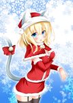  alice_margatroid animal_ears bad_id bad_pixiv_id black_legwear blonde_hair blue_eyes blush breasts cat_ears cat_tail cleavage hat highres kemonomimi_mode kouzuki_fukurou medium_breasts open_mouth santa_costume santa_hat snowflakes solo tail thighhighs touhou 