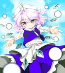  blurry danmaku depth_of_field dress hat ice letty_whiterock ninamo purple_eyes purple_hair smile snowflakes solo touhou 