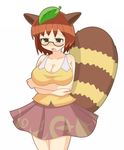  animal_ears bad_id bad_pixiv_id blush breast_hold breasts brown_hair chikama_(hyzyo) futatsuiwa_mamizou glasses large_breasts leaf leaf_on_head open_mouth raccoon_tail short_hair simple_background skirt solo tail touhou white_background 