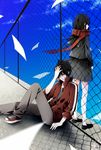  1girl black_hair day highres kagerou_project kisaragi_shintarou long_hair nishina_(alive001) paper red_scarf rooftop scarf school_uniform short_hair sky tateyama_ayano tears toumei_answer_(vocaloid) vocaloid 