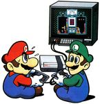  2boys blue_eyes brothers dr._mario facial_hair flying_sweatdrops hat luigi mario mario_(series) multiple_boys mustache nes nintendo nintendo_entertainment_system on_floor overalls playing_games siblings simple_background sitting smile super_mario_bros. sweatdrop white_background 