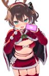  1girl @_@ absurdres ahoge alternate_costume animal_ears antlers aqua_eyes ayaoshiro bikini bikini_top_only blush breasts brown_hair capelet commentary_request deer_antlers deer_ears detached_sleeves earmuffs ebi_frion_(natsuiro_matsuri) fake_animal_ears fake_antlers fur-trimmed_capelet fur-trimmed_skirt fur_trim hair_between_eyes hands_up heart highres holding holding_phone hololive horns hypnosis_app hypnotizing_viewer long_hair looking_at_viewer matsurisu natsuiro_matsuri phone pom_pom_(clothes) red_bikini red_capelet red_thighhighs santa_bikini santa_costume side_ponytail simple_background skirt sleeves_past_wrists small_breasts smile solo star_sticker sticker_on_face sweat swimsuit thighhighs thighs virtual_youtuber white_background 
