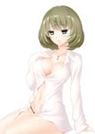  black_panties blue_eyes breasts collarbone green_eyes hand_on_own_chest heterochromia idolmaster idolmaster_cinderella_girls large_breasts lintanghaseo mole mole_under_eye panties shirt short_hair simple_background sitting smile solo takagaki_kaede underwear white_background white_shirt 