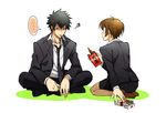  1girl bad_id bad_pixiv_id black_hair brown_hair cigarette food formal jacket kazu_sanbon kougami_shin'ya necktie pencil_skirt pocky psycho-pass short_hair sitting skirt skirt_suit suit tsunemori_akane 