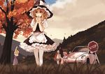  alice_margatroid apron blonde_hair bow braid brown_hair car cloud detached_sleeves grass ground_vehicle hair_bow hairband hakurei_reimu hat kirisame_marisa motor_vehicle mountain multiple_girls pantyhose patchouli_knowledge perspective purple_hair sign sky stop_sign stretch touhou tree volkswagen_beetle white_legwear witch_hat xiao_qiang_(overseas) 