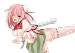  bad_id bad_pixiv_id bandages blush breasts double_bun ibaraki_kasen kouzuki_fukurou medium_breasts nipples open_mouth pink_hair simple_background solo thighhighs touhou white_background 