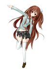  brown_hair hair_bobbles hair_ornament long_hair original peeyu pointing red_eyes solo standing standing_on_one_leg thighhighs very_long_hair white_legwear zettai_ryouiki 