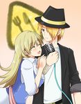  1girl bad_id bad_pixiv_id blonde_hair closed_eyes hair_over_one_eye hat long_hair microphone saitou_ikura satou_jun short_hair todoroki_yachiyo working!! yellow_eyes 