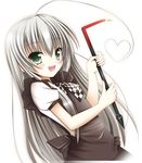  ahoge blush checkered crowbar green_eyes haiyore!_nyaruko-san heart huge_ahoge long_hair looking_at_viewer nyarlathotep_(nyaruko-san) open_mouth silver_hair simple_background solo taroimo white_background 