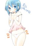  bad_id bad_pixiv_id blue_eyes blue_hair blush bow camisole caught crossed_legs hair_ornament hands_on_own_chest looking_at_viewer mahou_shoujo_madoka_magica miki_sayaka navel no_pants off_shoulder panties ri_04xx short_hair simple_background skindentation solo standing strap_slip underwear white_background 