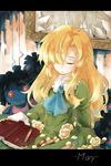  blonde_hair book canvas_(object) character_name closed_eyes crayon doll doll_(ib) dress flower frame hair_over_one_eye highres ib letterboxed mary_(ib) nishigyou_teraa rose yellow_flower yellow_rose 