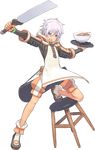  :d blue_eyes blush bowl chopsticks full_body holding kuroboshi_kouhaku male_focus open_mouth outstretched_arms rai_(summon_night) smile solo stool summon_night summon_night_4 transparent_background tray weapon white_hair 