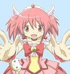  :3 :d blue_background brooch candy_(smile_precure!) candy_(smile_precure!)_(cosplay) choker color_connection cosplay creature cure_happy cure_happy_(cosplay) highres jewelry jinusunako kaname_madoka kyubey magical_girl mahou_shoujo_madoka_magica open_mouth pink_choker pink_eyes pink_hair pink_skirt precure short_hair short_twintails skirt smile smile_precure! tiara twintails wrist_cuffs 