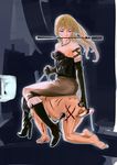  1boy 1girl abused barefoot bdsm blonde_hair blue_eyes character_request cum cumdrip femdom leash penis pixiv_thumbnail resized riding riding_crop shida_(ddfd) sitting sitting_on_person 