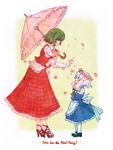  apron arms_up ascot blue_dress child colored_pencil_(medium) commentary dress english flower green_hair hair_over_eyes hands_on_own_head head_wreath high_heels izayoi_sakuya juliet_sleeves kazami_yuuka long_sleeves lyrics maid motherly multiple_girls open_clothes open_vest outstretched_arm outstretched_hand parasol puffy_sleeves shirt shoes short_sleeves silver_hair skirt skirt_set terrajin touhou traditional_media umbrella vest waist_apron younger 