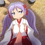  bestiality blue_eyes blush breasts hiiragi_kagami japanese_clothes large_breasts lucky_star miko paizuri purple_hair twintails uwa~a 