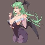  animal_print bat_print breasts cleavage curvy detached_sleeves green_hair grey_background head_wings heart_cutout large_breasts leotard licking_lips long_hair morrigan_aensland pantyhose print_legwear ryusuke1234 simple_background solo tongue tongue_out vampire_(game) wings yellow_eyes 