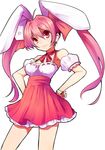  animal_ears bare_shoulders bunny_ears choker detached_sleeves di_gi_charat hair_between_eyes hands_on_hips long_hair nuko-d pink_eyes pink_hair ribbon_choker solo twintails usada_hikaru white_background 