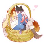  ahoge animal_ears axis_powers_hetalia basket black_hair cat_ears cocoa_mass full_body greece_(hetalia) imminent_kiss japan_(hetalia) japanese_clothes kimono male_focus multiple_boys ribbon smile yaoi 