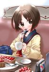  absurdres blush brown_eyes brown_hair cardigan cup eating food fork fruit highres kanon_(kurogane_knights) open_cardigan open_clothes osanai_yuki school_uniform serafuku shoushimin_series strawberry strawberry_tart 