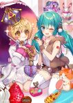  2girls :3 absurdres aqua_eyes aqua_hair blonde_hair blush bow box brown_bow brown_hood brown_shorts cake chain choker clothes_writing collarbone collared_jacket company_name copyright_notice crown crypton_future_media figure_story food food_on_face fruit gold_chain gold_choker hatsune_miku heart heart-shaped_box high_collar highres holding holding_food holding_umbrella hood hooded_jacket indoors jacket jewelry keyhole kneeling lock long_hair long_sleeves macaron multiple_girls necklace nekoi51 official_art one_eye_closed orange_eyes overskirt parasol piapro pom_pom_(clothes) puffy_long_sleeves puffy_sleeves purple_bow sakura_(figure_story) shelf shirt short_hair shorts shoulder_tattoo skirt sleeveless sleeveless_jacket sleeveless_shirt sparkle sparkling_eyes strawberry strawberry_cake stuffed_animal stuffed_cat stuffed_rabbit stuffed_toy tattoo thigh_strap thighhighs twintails two-sided_fabric two-sided_jacket umbrella vocaloid white_jacket white_shirt white_skirt white_thighhighs 