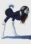  2012 bent_over blue_fur brown_hair brown_nose canine claws clothed clothing dog fangs female hair hi_res hindpaw husky long_hair markings necklace omnoproxyl337 pants paws plain_background solo teeth white_background white_fur yellow_eyes yellow_fur 