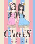  alice_(claris) bad_id bad_pixiv_id black_hair blue_eyes brown_eyes character_name clara_(claris) claris_(group) collarbone contemporary dress english fashion hand_on_headwear hand_up hat holding_hands mizuta_mari multiple_girls sandals skirt skirt_hold smile straight_hair striped striped_background vertical-striped_background vertical_stripes wavy_hair 