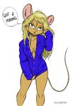  blonde_hair bottomless cleavage clothed clothing david_a_cantero dialog edit english_text female green_eyes hair half-dressed mammal morning_after mouse plain_background rodent shirt solo text white_background 