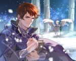  1boy 1girl blurry blurry_background book brother_and_sister brown_eyes brown_hair clenched_hand collared_cape commentary_request fire_emblem fire_emblem:_genealogy_of_the_holy_war green_hair hawk_(fire_emblem) hermina_(fire_emblem) holding holding_book pegasus short_hair siblings suzuki_rika watermark 