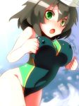  black_hair bouncing_breasts breasts competition_swimsuit covered_nipples green_eyes hat kotobuki_(stealth_sendan) large_breasts murasa_minamitsu one-piece_swimsuit sailor sailor_hat short_hair solo swimsuit touhou 