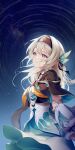  1girl closed_mouth firefly_(honkai:_star_rail) grey_hair hair_between_eyes hair_intakes hair_ornament hairband highres honkai:_star_rail honkai_(series) long_hair long_sleeves neckerchief rimuu smile solo whirlpool 