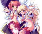  2girls bed blonde_hair blush ellene_sylvana komatsu_eiji majokko_a_la_mode no_bra nopan open_shirt red_hair seifuku silvia_aizetto thighhighs tie 